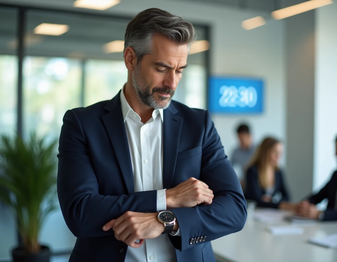 Homme d'affaires en bureau moderne consultant sa montre affichant 14h30 en format PM, pour comprendre la notation AM et PM