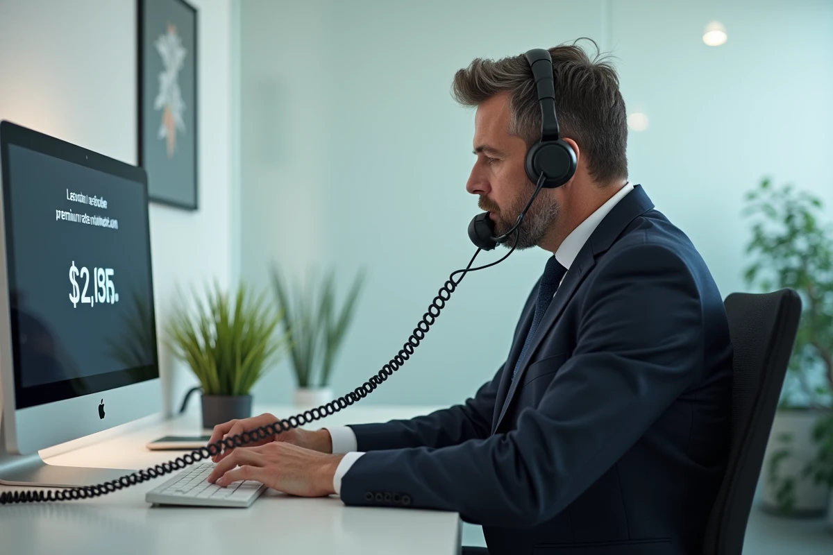 Homme en costume utilisant un téléphone fixe au bureau