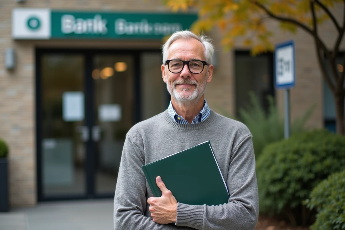 Homme âgé avec dossier et carte bancaire devant une banque