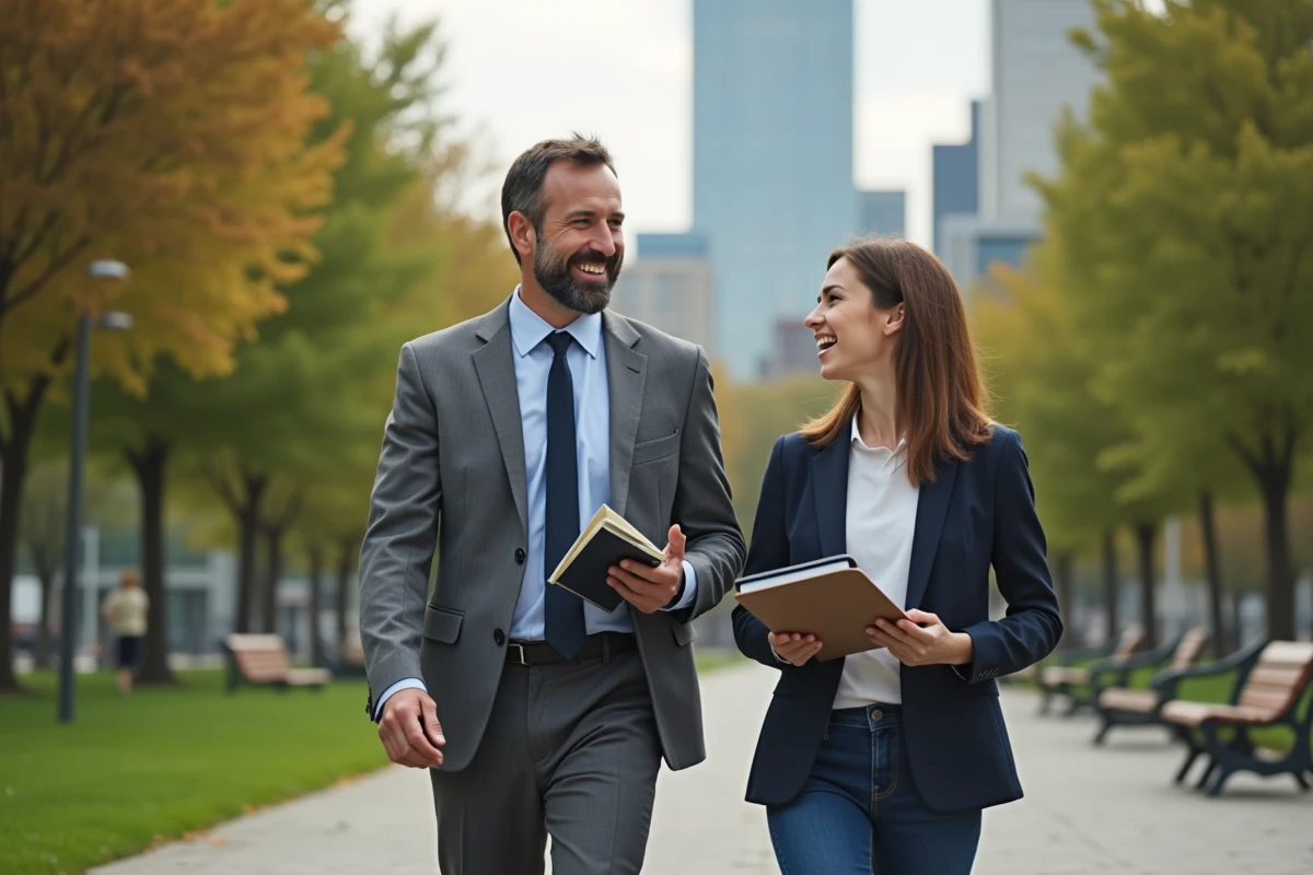 Homme souriant en promenade avec un collègue dans un parc
