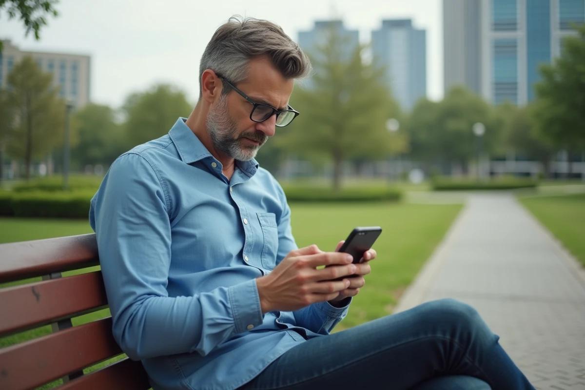 Homme d age moyen utilisant son smartphone en plein air