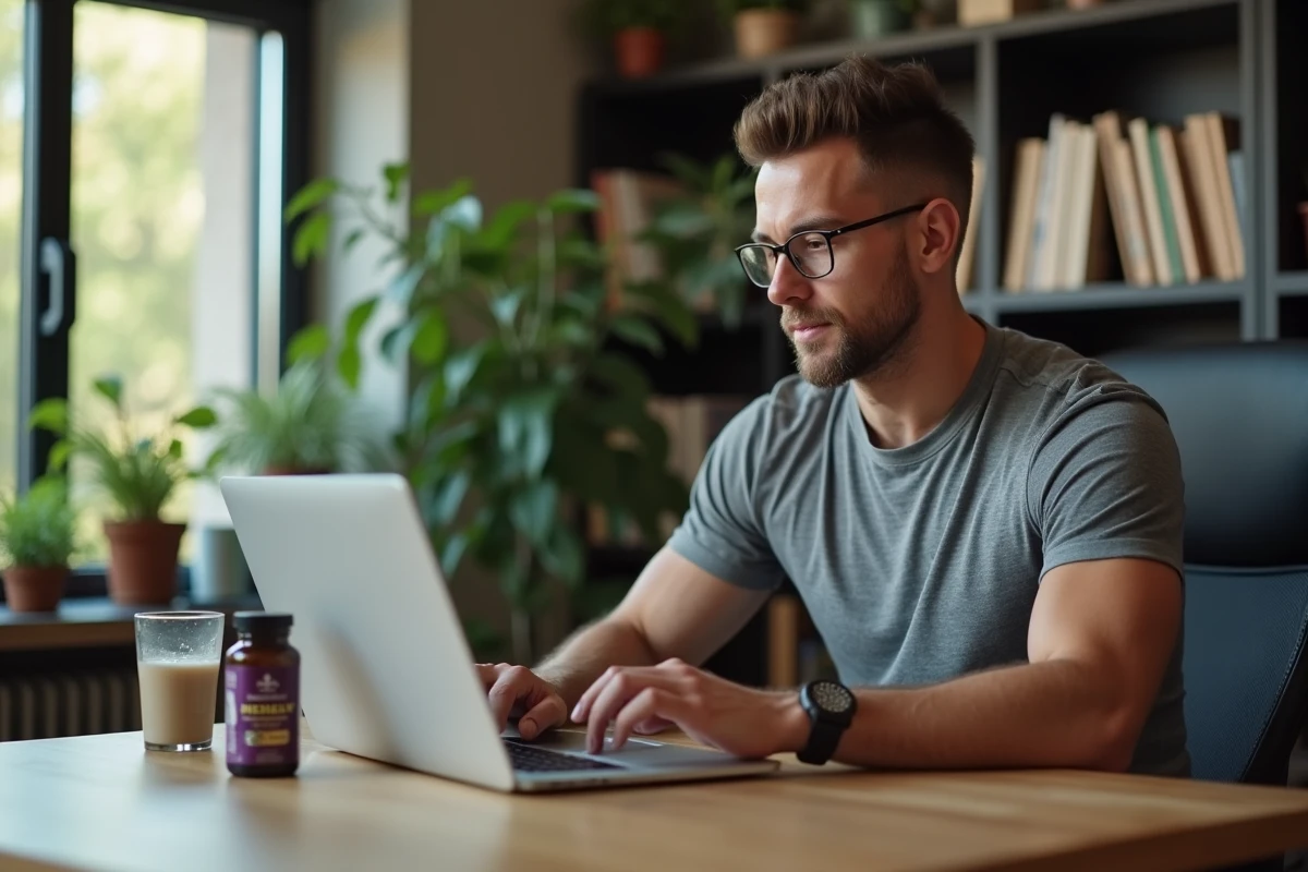 Homme sportif rédigeant un avis en ligne sur un complément nutritionnel à son bureau à domicile