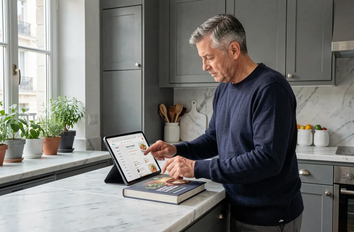Homme utilisant une tablette pour naviguer dans le plan du site d'un blog culinaire dans une cuisine parisienne