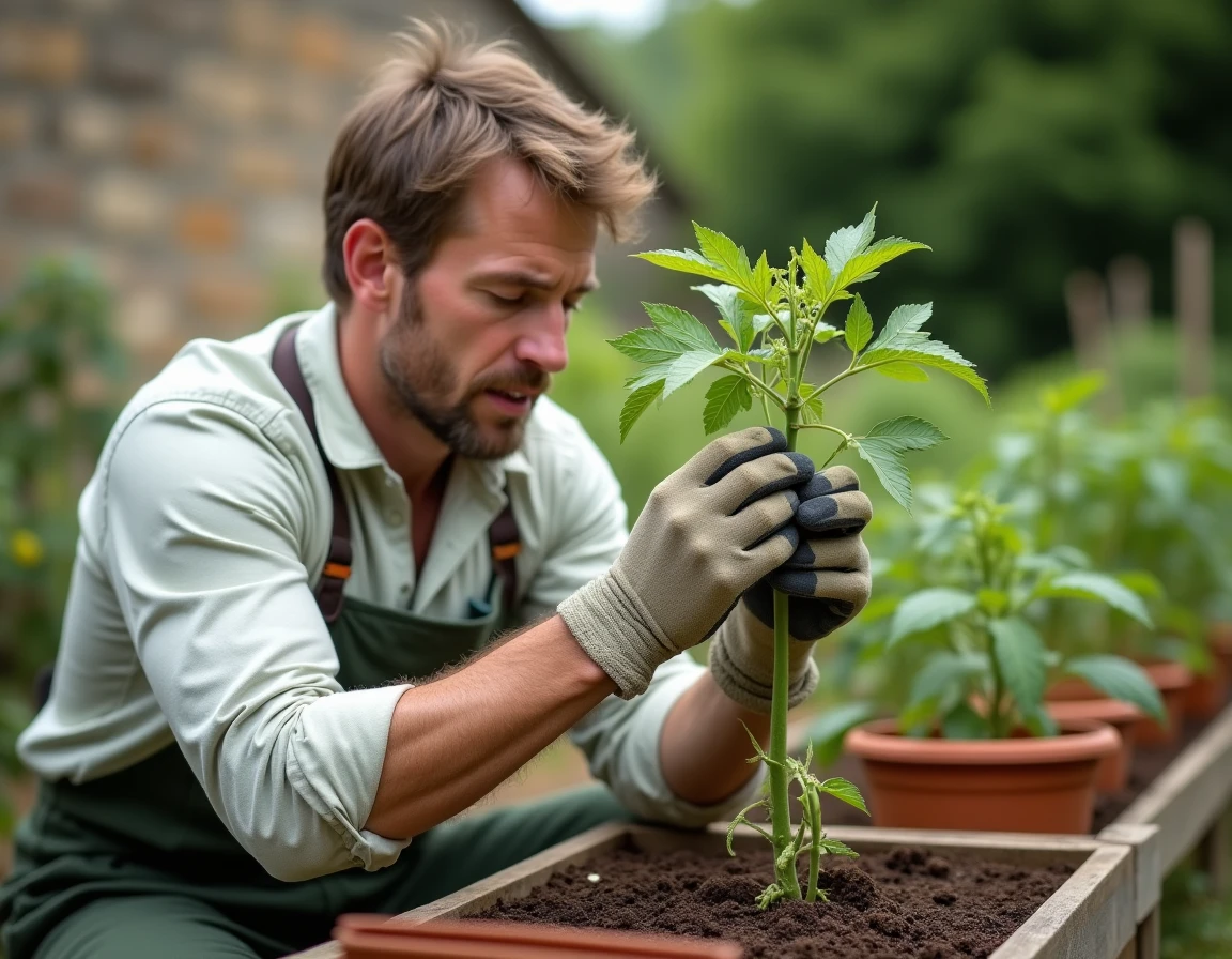 Jardinier inspectant un plant de tomate endommagé par des aleurodes dans un potager surélevé