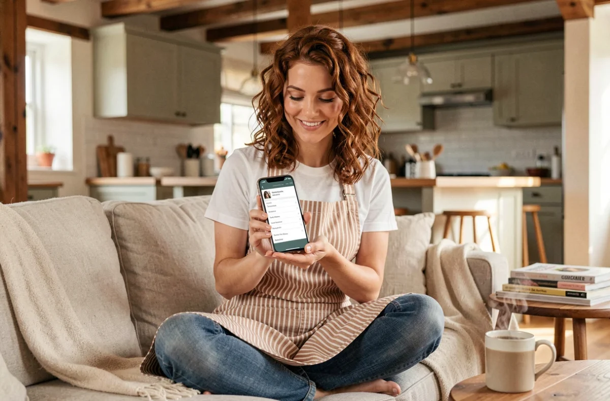 Jeune femme naviguant sur le plan du site La Petite Casserole depuis son smartphone dans un salon cosy