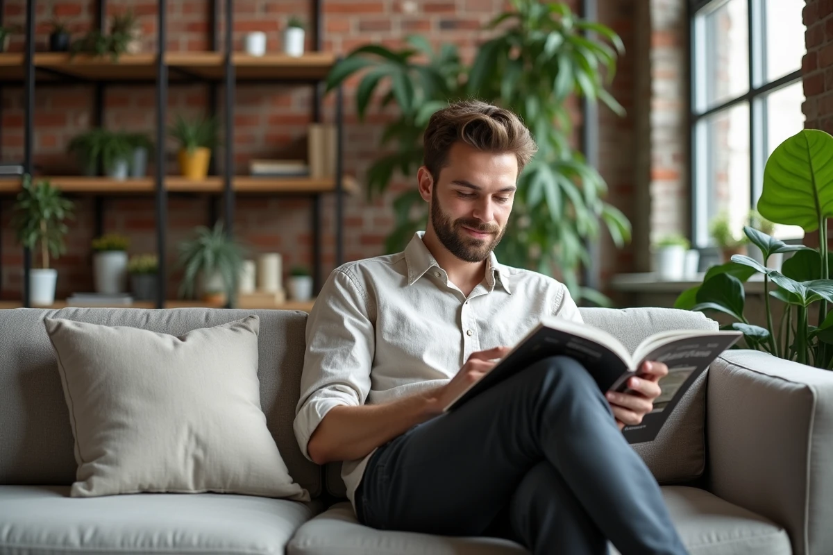 Jeune homme lisant un magazine dans un loft design