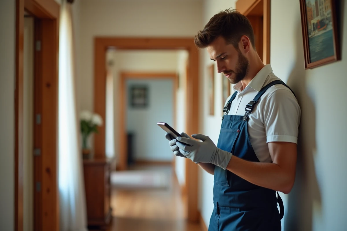 Jeune professionnel nettoyeur lisant une demande sur smartphone dans un couloir