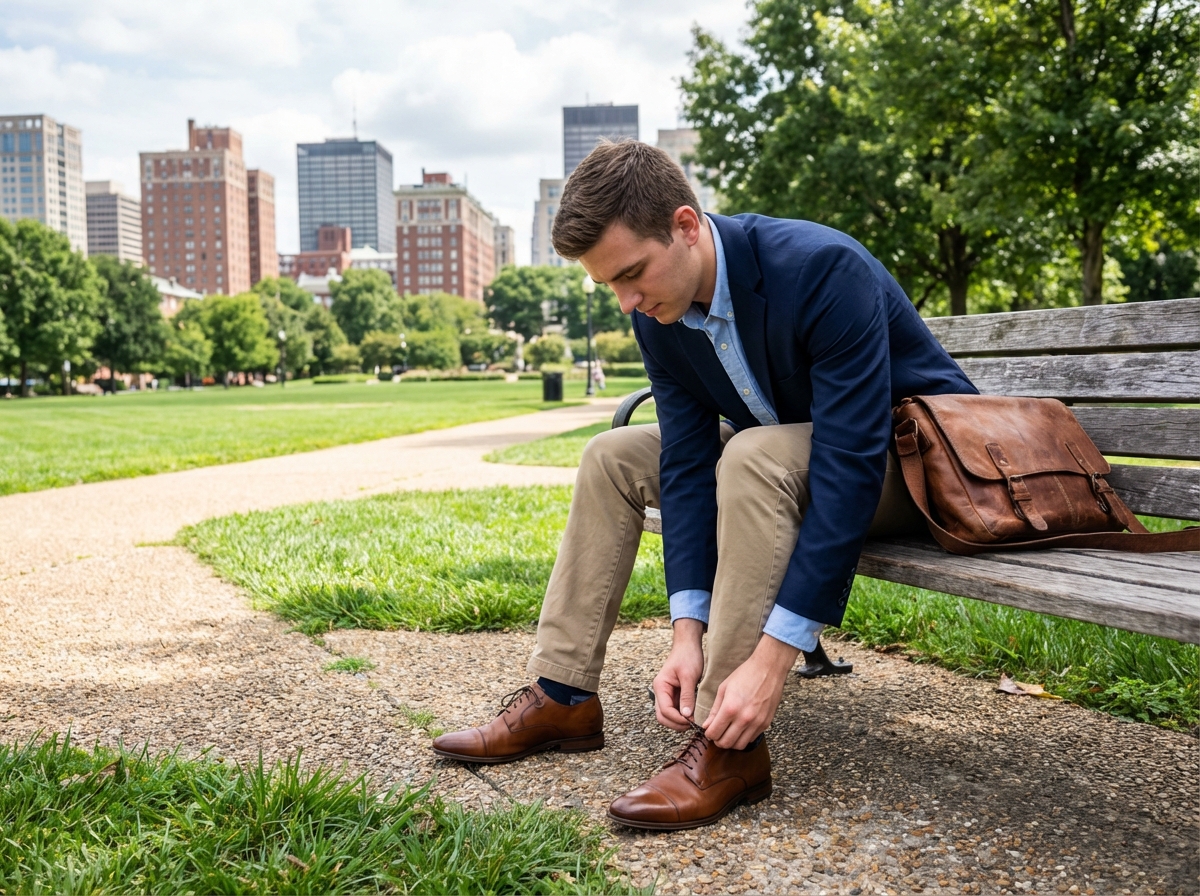 Jeune homme assis dans un parc en train de lacer ses chaussures