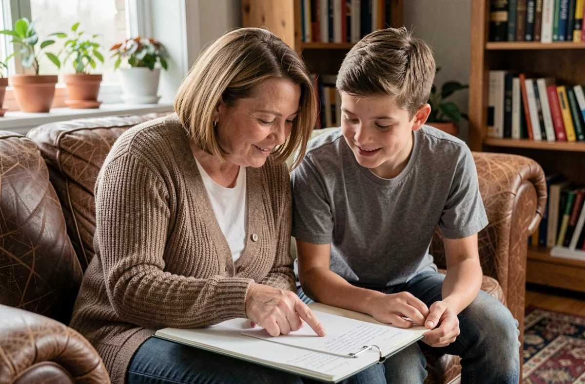 Mère et fils adolescent faisant les devoirs ensemble sur un canapé en cuir dans un salon familial confortable