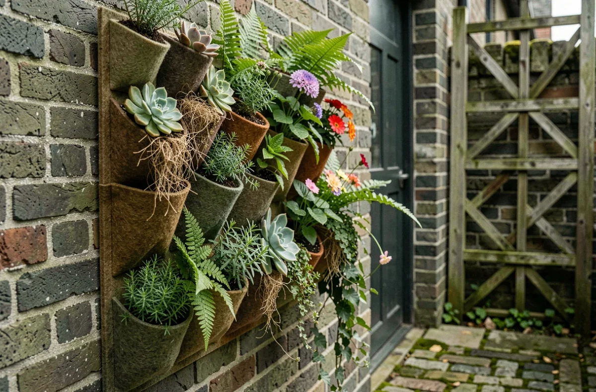 Mur végétal vertical avec succulentes, fougères et herbes aromatiques dans des poches en feutre fixées sur un mur en briques dans un couloir de jardin