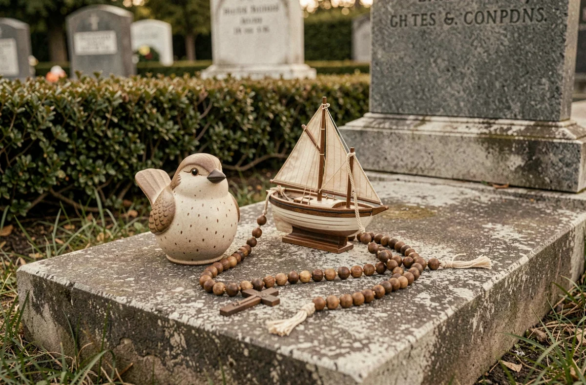 Objets symboliques personnels incluant oiseau en céramique, maquette de bateau et chapelet sur une pierre tombale