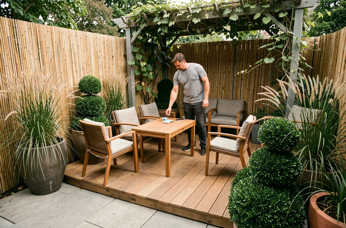 Homme arrangeant un salon de jardin modulable sur une terrasse en bois dans un petit jardin avec bambous et pergola végétalisée