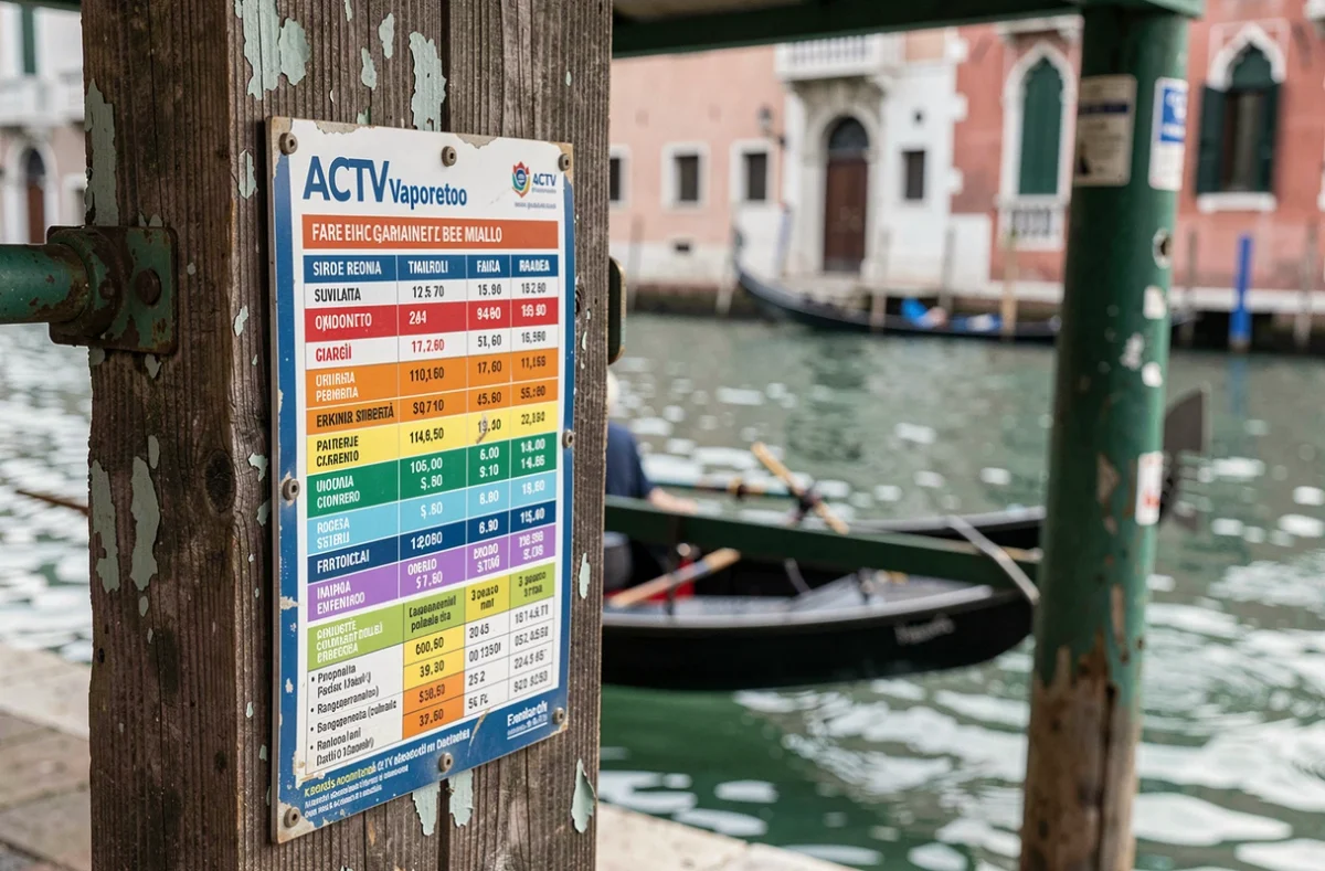 Panneau d'affichage des horaires et tarifs du vaporetto ACTV sur un embarcadère en bois à Venise