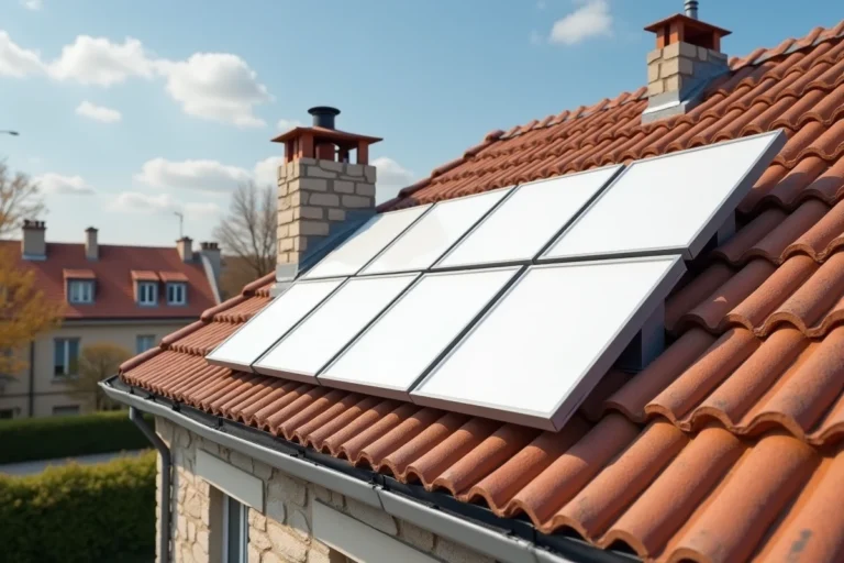 Panneaux solaires blancs installés sur un toit de maison individuelle dans une zone résidentielle française en 2024