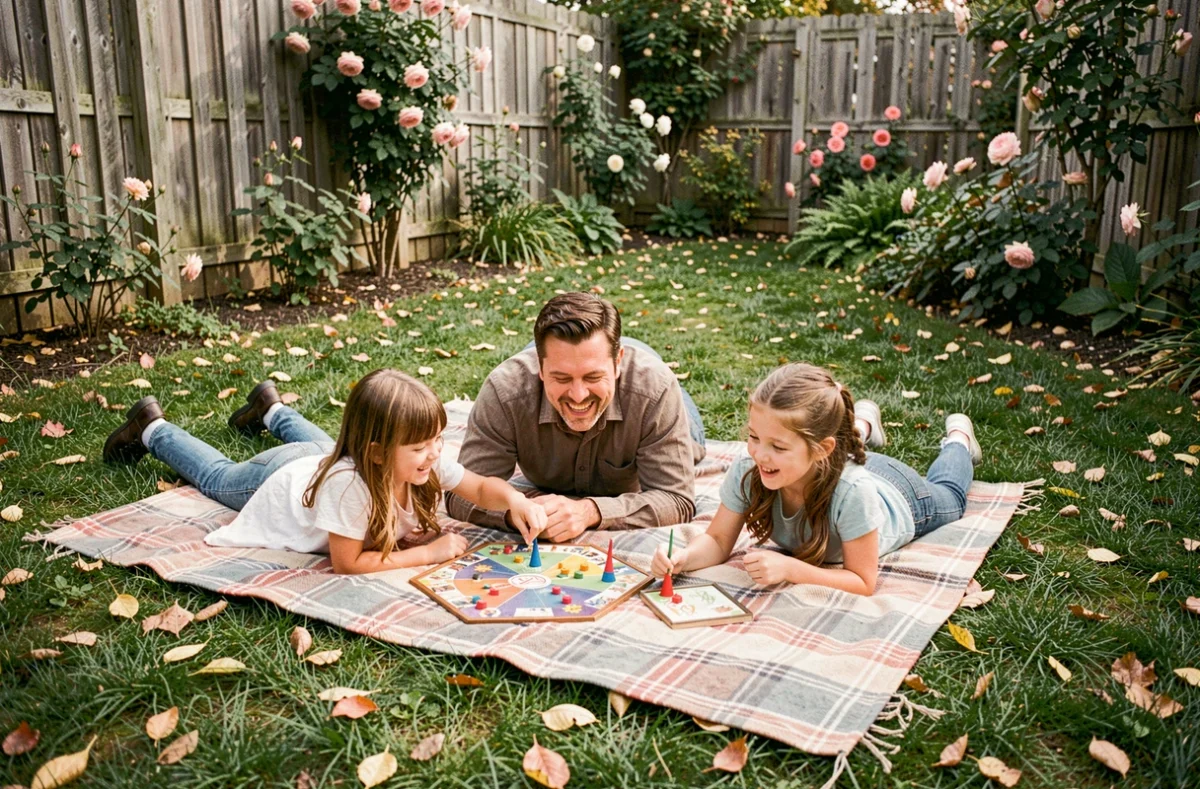 Père jouant à un jeu de société avec ses deux filles dans le jardin familial sur une couverture à carreaux par un après-midi calme