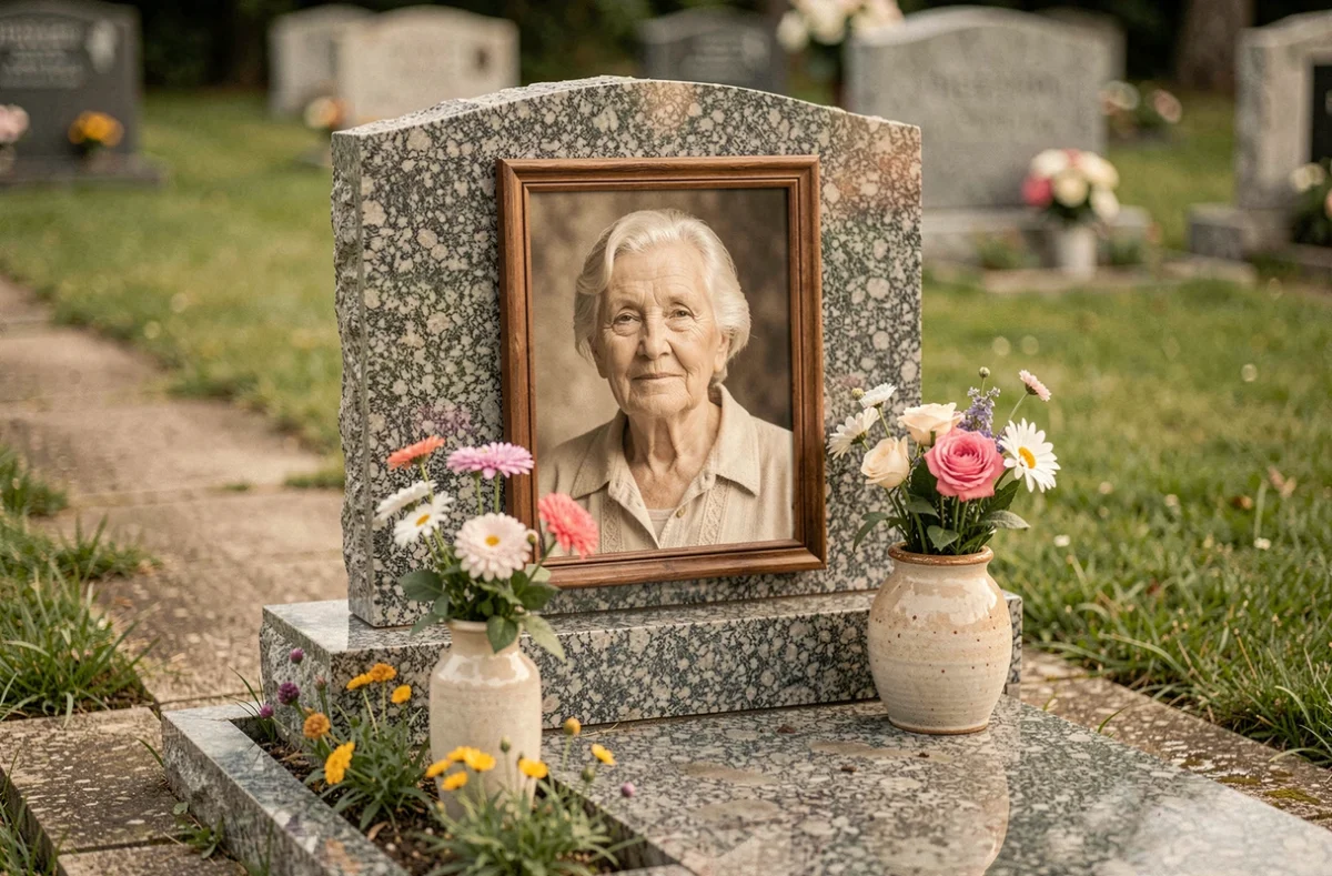 Portrait photographique encadré d'une femme âgée fixé sur une pierre tombale en granit entourée de petites fleurs