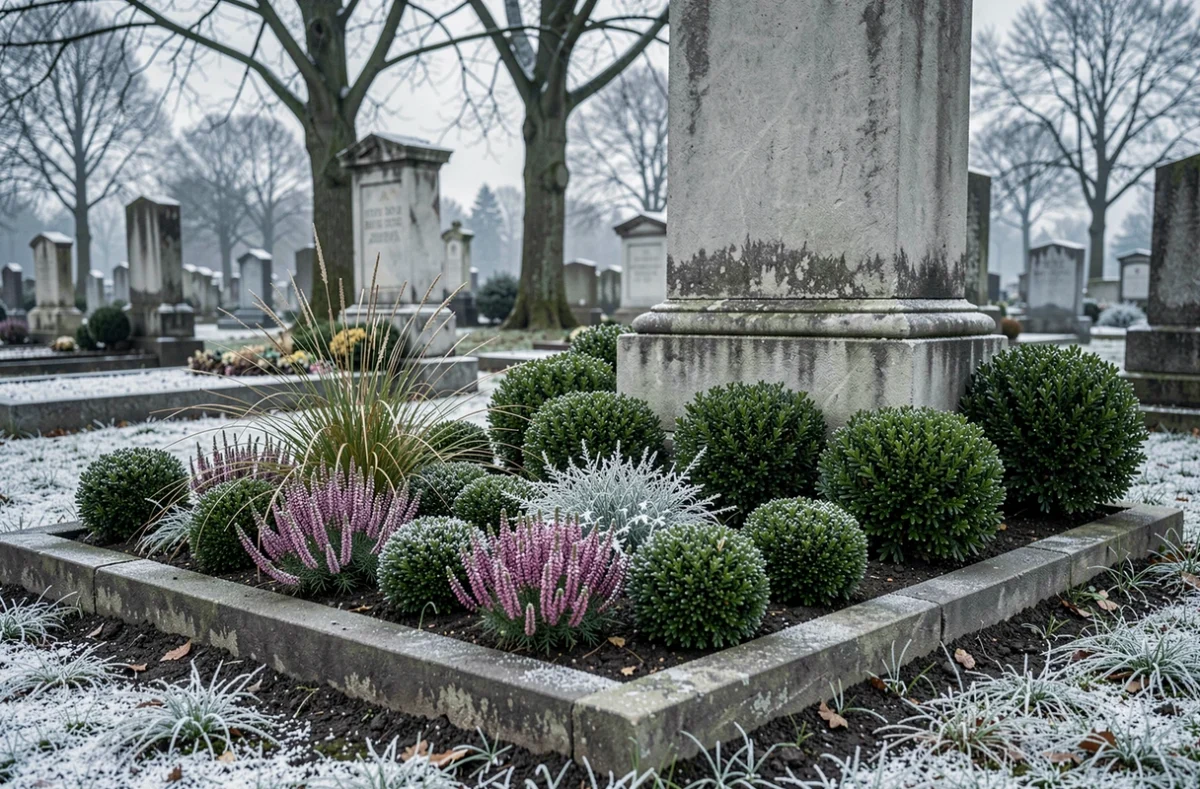 Plantes résistantes toute saison incluant bruyère, graminées et buis autour d'un monument funéraire