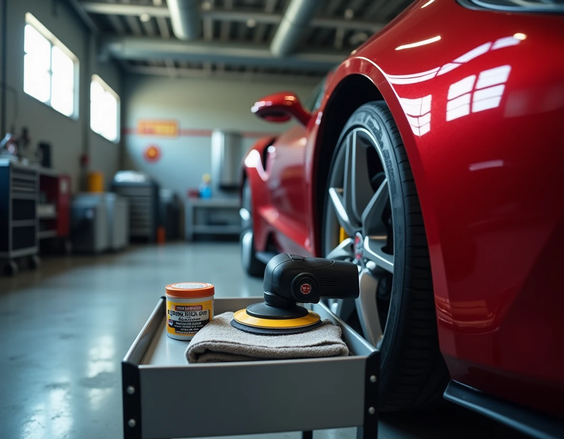 Polisseuse professionnelle et produits de correction de peinture posés sur la carrosserie d'une voiture de sport rouge dans un atelier de detailing