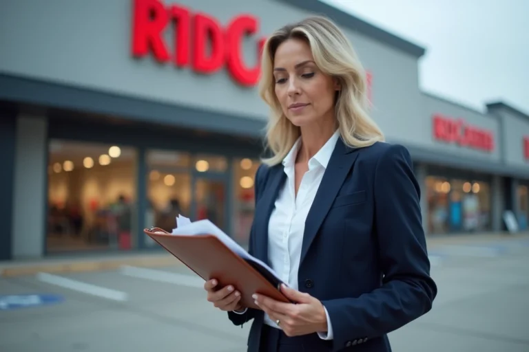 Femme d'affaires devant un magasin de grande distribution évoquant la propriété de l'enseigne Action en France