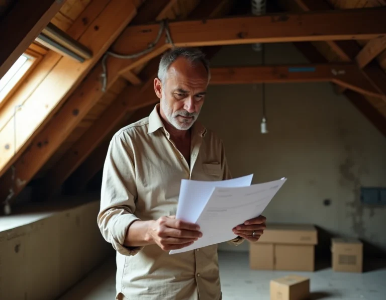 Propriétaire consultant des documents fiscaux sur la taxe foncière dans un grenier traditionnel avec poutres en bois apparentes