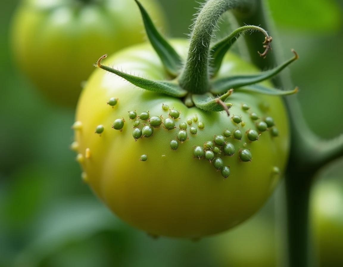 Pucerons verts en infestation dense sur la face inférieure d'une feuille de tomate montrant des dégâts précoces