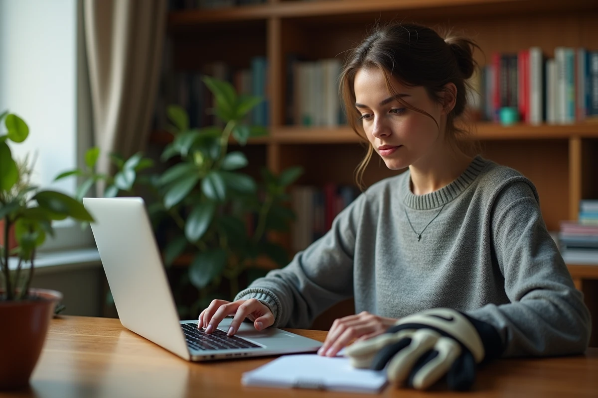 Femme recherchant de l'équipement de football en ligne sur un ordinateur portable depuis son bureau à domicile