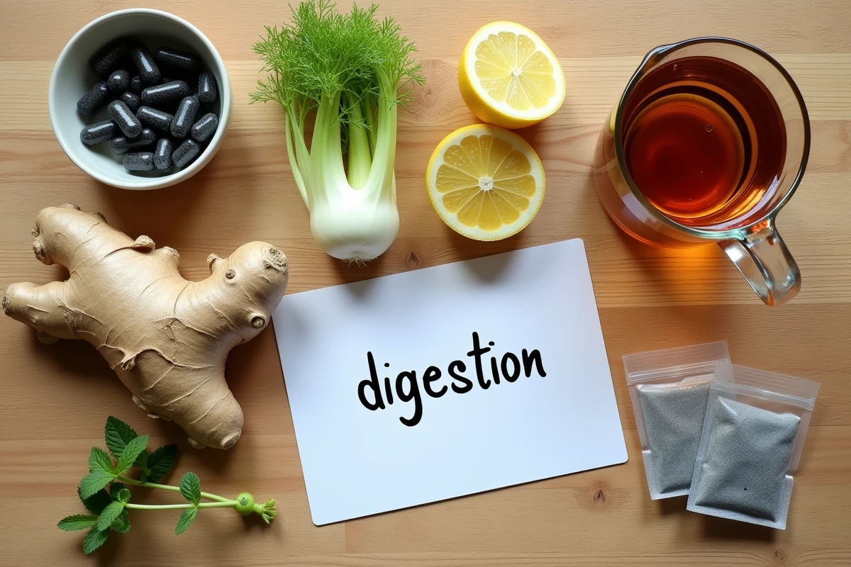 Vue du dessus de remèdes naturels contre les ballonnements : gingembre, fenouil, tisane et capsules de charbon actif