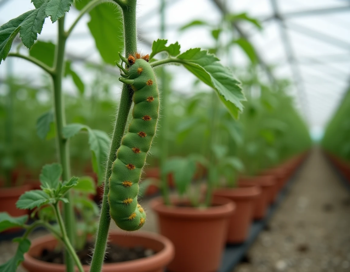 Rangée de plants de tomates en serre présentant des dégâts de sphinx du tabac avec chenille visible sur une tige