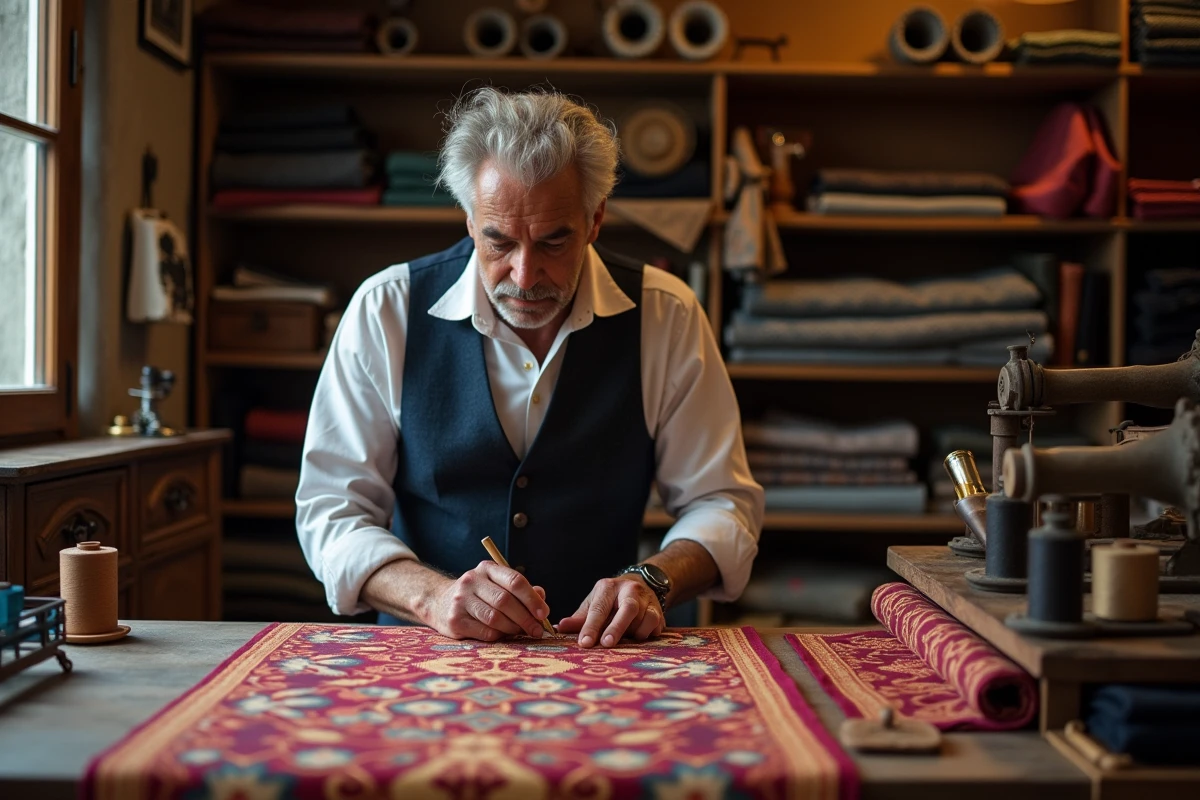 Tailleur expérimenté inspectant un tissu jacquard dans son atelier