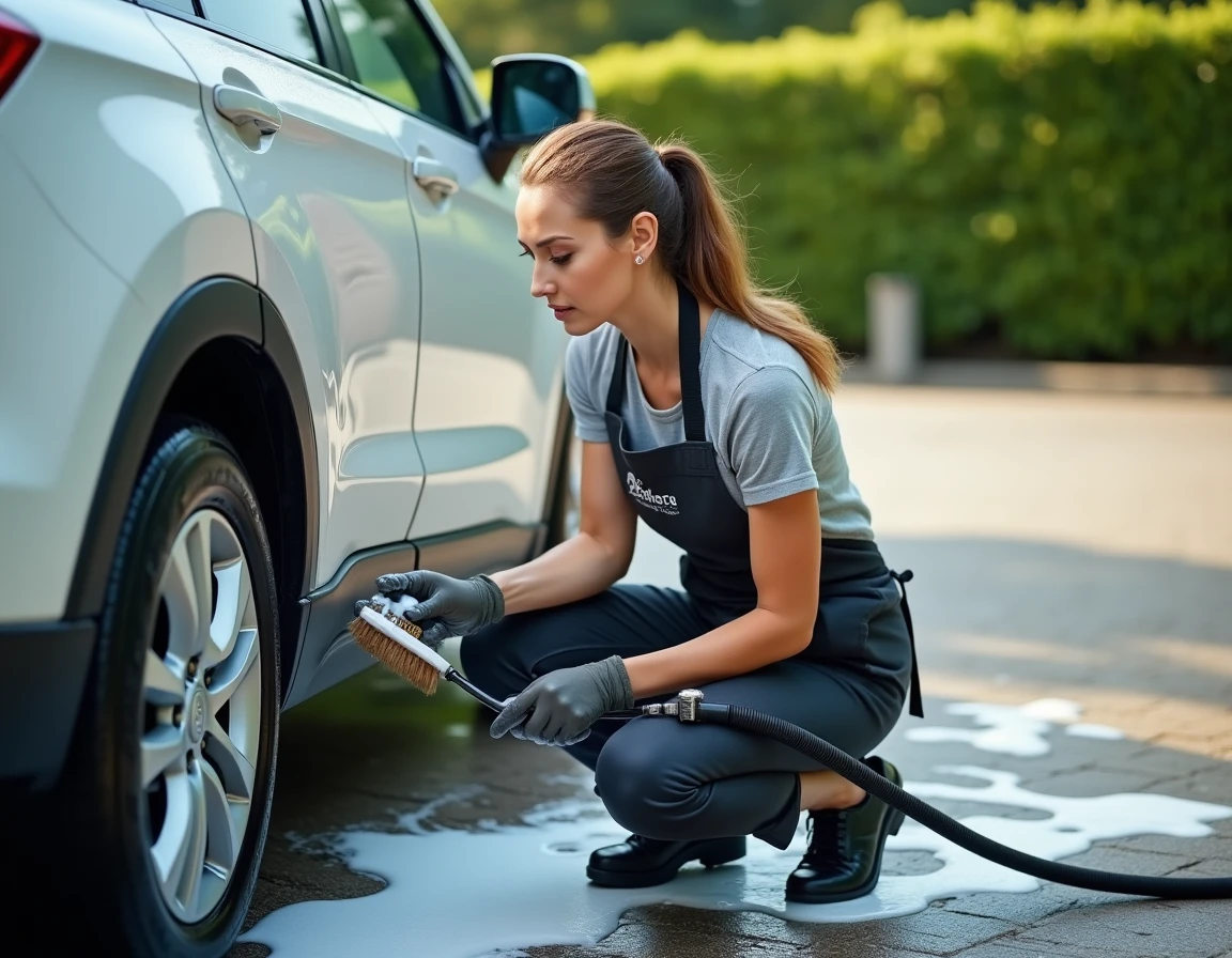 Technicienne en detailing automobile lavant les jantes d'un SUV blanc à l'extérieur avec une brosse professionnelle et de la mousse savonneuse