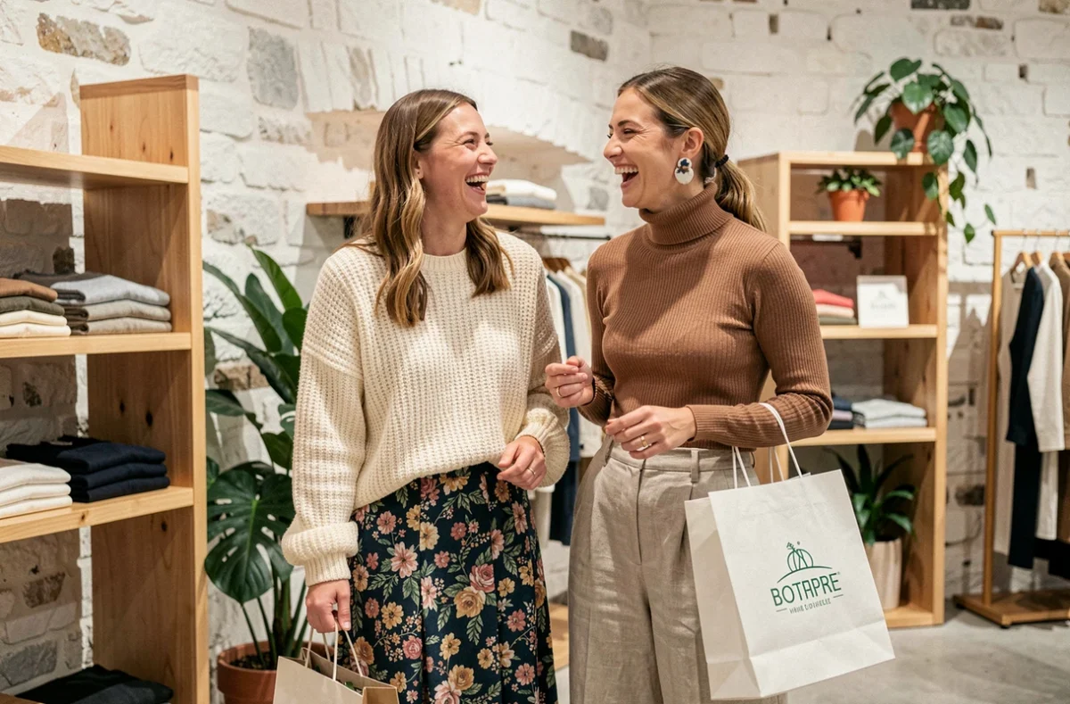 Deux femmes souriantes en tenues tendance printemps dans un concept store de mode à Quimper
