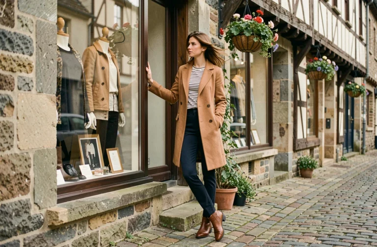 Femme élégante en manteau camel devant une vitrine de boutique mode dans les rues pavées de Quimper