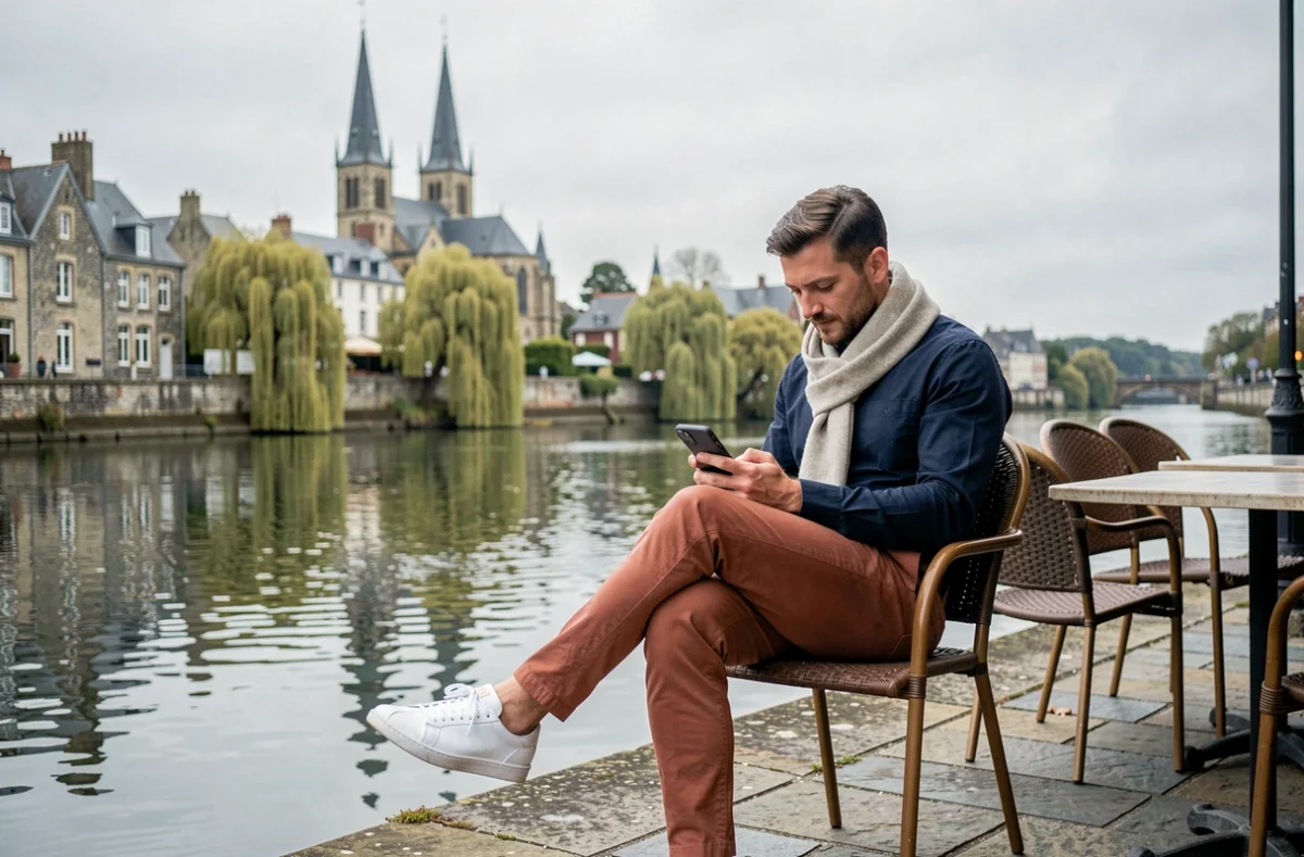 Homme en tenue tendance décontractée-chic assis en terrasse de café près de la cathédrale de Quimper
