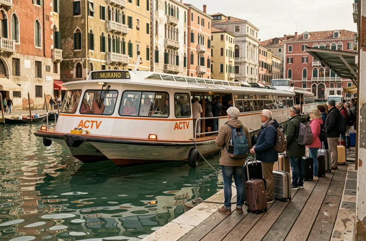 Vaporetto ACTV à quai sur le Grand Canal de Venise avec des passagers attendant l'embarquement pour Murano