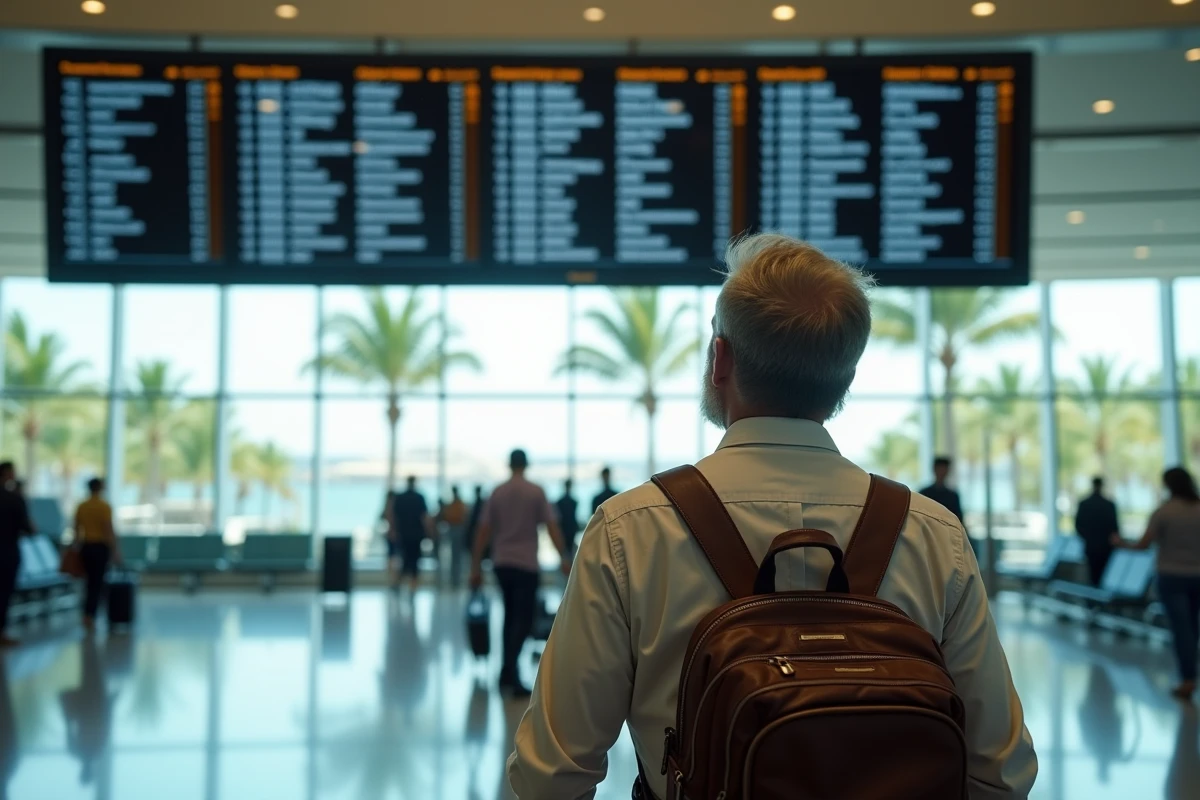 Voyageur consultant le tableau des départs à l'aéroport de Cancún pour gérer le décalage horaire