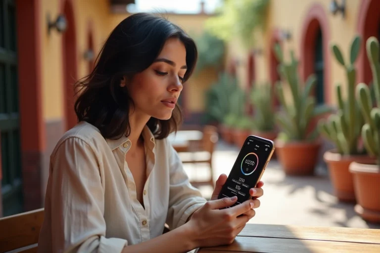 Voyageuse consultant les fuseaux horaires du Mexique sur son téléphone dans un café de Mexico City
