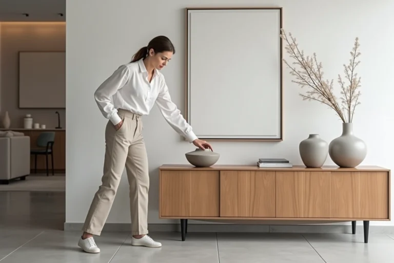 Femme arrangeant des vases en céramique dans un intérieur moderne